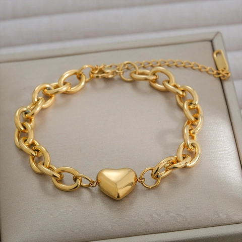 Stainless Steel Chunky O-Chain Heart Pendant Bracelet And Necklace Vintage Gold Plated Minimalist Fashion Jewelry For Women