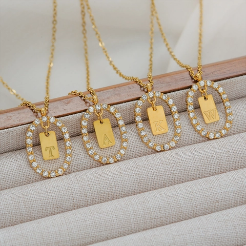 Collar de Colgante de Alfabeto de Acero Inoxidable Zirconia Para Mujeres Chapado en Oro Letra Oval Inicial A-Z Joyería Moda