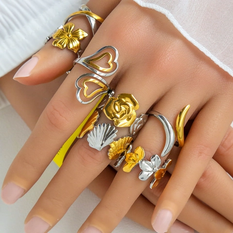 304 Stainless Steel Two-Tone Open Ring Gold Silver Heart Floral Shell Crescent Moon Adjustable Fashion Ring For Women