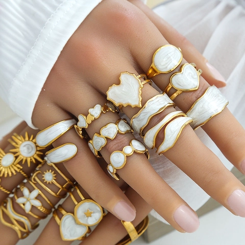 Anillo Abierto de Acero Inoxidable Esmalte Vintage para Mujer Boho Estrella Luna Corazón Geométrico Chapado en Oro Joyería de Moda Anillo Ajustable
