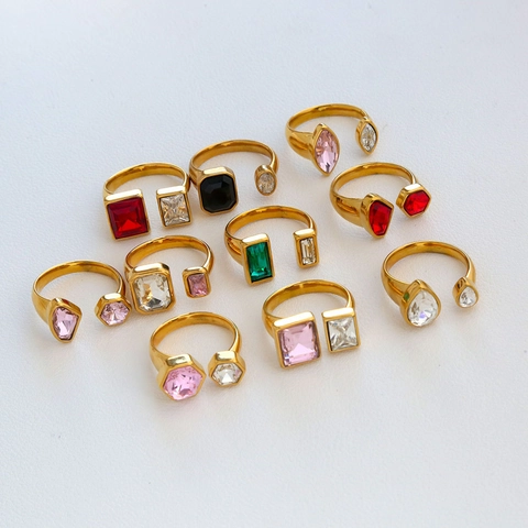 18K Vergoldeter Titanstahl Offener Ring Für Damen Herren Mehrfarbig Geometrisch Zirkonia Eingelegt Verstellbarer Fingerring Modeschmuck