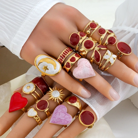 Anello Regolabile in Acciaio Inossidabile Smaltato per Donna Vintage Placcato Oro Cuore Sole Stella Luna Colorato Dito Anello Gioielli