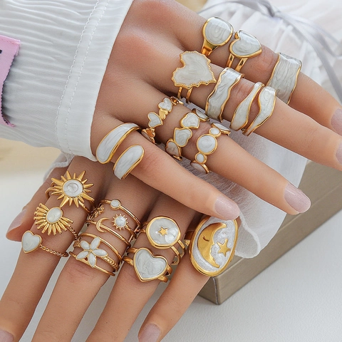 Anelli Aperti Vintage in Acciaio Inossidabile 304 da Donna Placcati in Oro Smalto Bianco Stella Luna Cuore Geometrico Regolabile Boho
