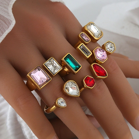 18K Vergoldeter Titanstahl Offener Ring Für Damen Herren Mehrfarbig Geometrisch Zirkonia Eingelegt Verstellbarer Fingerring Modeschmuck