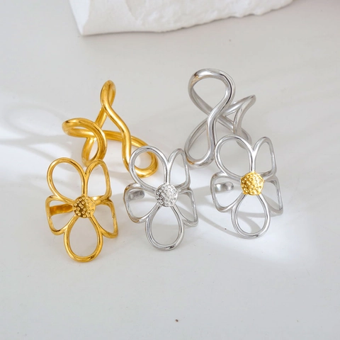 Stainless Steel Open Ring For Women Adjustable Hollow Flower Geometric Wave Two-tone Metallic Fashion Finger Jewelry Gift