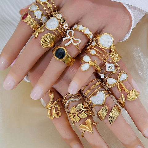 Anillo Ajustable Abierto de Acero Inoxidable Vintage para Mujer Chapado en Oro Esmalte Hoja de Ginkgo Corazón Concha Mariposa Serpiente Joyería Geométrica