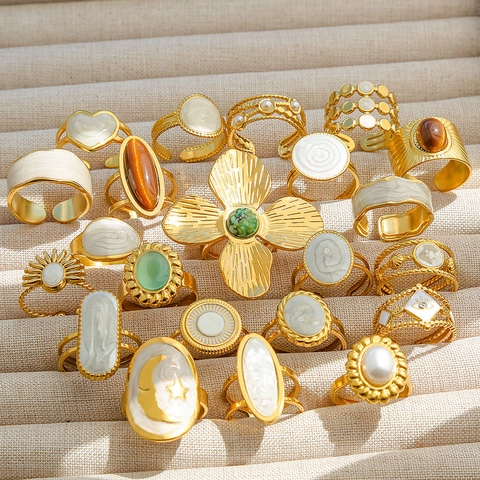 Anello Aperto Vintage in Acciaio Inossidabile Smaltato per Donna Placcato Oro Geometrico Malocchio Cuore Stella Luna Regolabile Gioielli