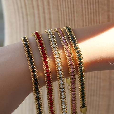 Mode Dames Roestvrij Stalen Armband Verguld Gevlochten Ketting Kleurrijke Zirkoon Ingelegde Luxe Sieraden Verstelbare Polsband