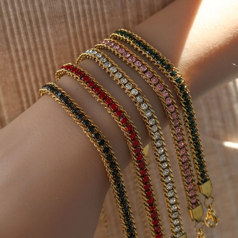 Mode Dames Roestvrij Stalen Armband Verguld Gevlochten Ketting Kleurrijke Zirkoon Ingelegde Luxe Sieraden Verstelbare Polsband
