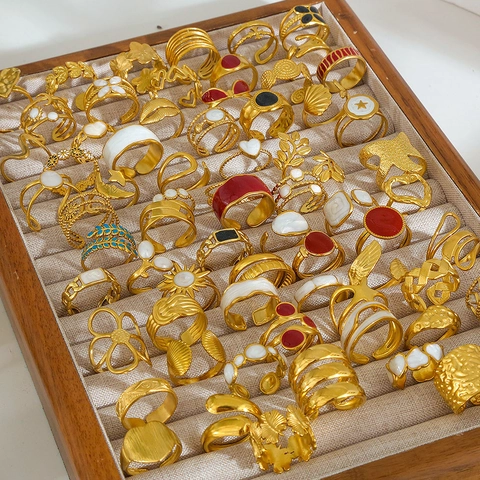 Anelli Aperti in Acciaio Inossidabile Vintage da Donna in Smalto Pietra Naturale Geometrici Regolabili Gioielli di Moda Boho Anelli Placcati in Oro
