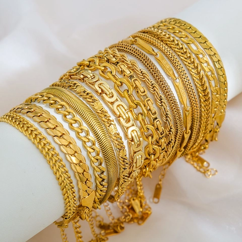 Pulseras de Cadena de Acero Inoxidable Chapado en Oro de 18K para Mujer Hombre Minimalista Figaro Eslabón Cubano Cuerda Cadena Serpiente Joyería Regalo