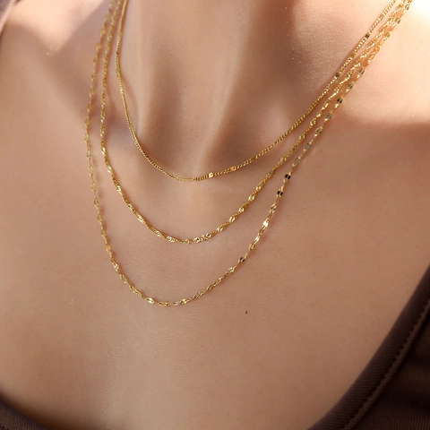 18K Vergoldet Edelstahl 3 Schichtige Halskette Für Damen Minimalistisch Pailletten Welle Seil Mehrlagige Kette Schmuck