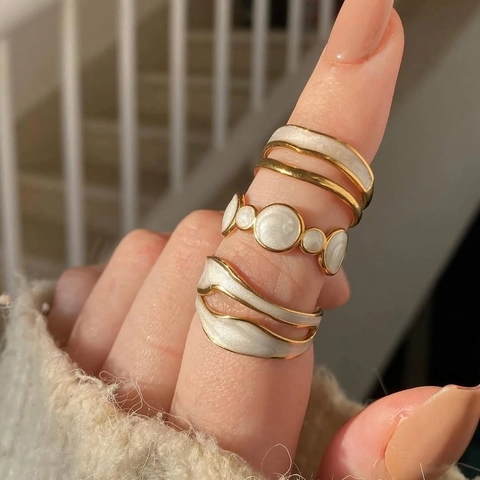 Anillo Abierto de Acero Inoxidable Bañado en Oro Vintage Para Mujer Bohemio Ondulado Mariposa Sol Luna Estrella Ajustable