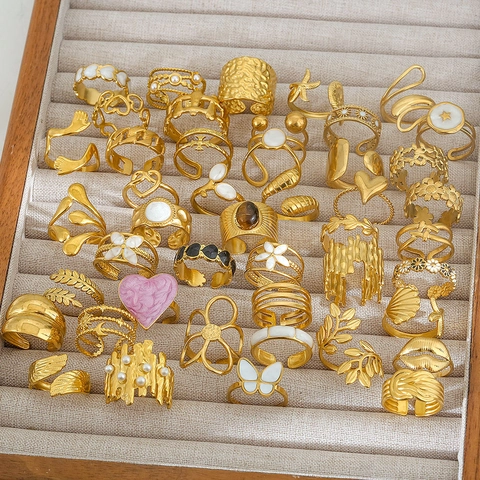 Anelli Aperti in Acciaio Inossidabile 304 da Donna Tema Oceano Placcati Oro Regolabili Vintage Cuore Fiore Farfalla Stelle Marine Gioielli