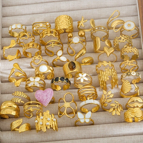 Anelli Aperti in Acciaio Inossidabile 304 da Donna Tema Oceano Placcati Oro Regolabili Vintage Cuore Fiore Farfalla Stelle Marine Gioielli