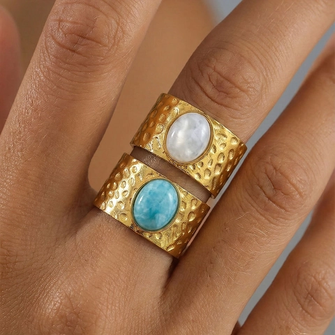 Bohemian Stainless Steel Wide Band Ring for Women Gold Plated Hammered Texture Oval Turquoise Moonstone Adjustable Finger Ring