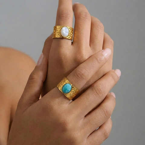 Bohemian Stainless Steel Wide Band Ring for Women Gold Plated Hammered Texture Oval Turquoise Moonstone Adjustable Finger Ring