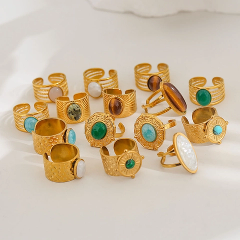 Anello Aperto in Acciaio Inossidabile Bohemian per Donna Vintage Placcato Oro 18K Pietra Naturale Turchese Occhio di Tigre Regolabile Gioielli