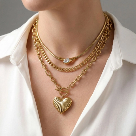 Roestvrijstalen Hart Hanger Ketting Voor Dames Goud Verguld Strass Waterdruppel Slangenketting Curb Ketting Mode Sieraden Cadeau