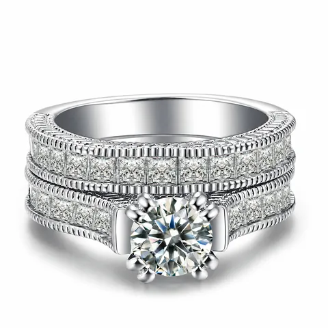 Luxury Copper White Gold Plated Zirconia Wedding Ring Set Women Round Main Stone Bridal Engagement Ring Fashion Jewelry