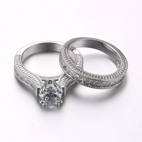 Luxury Copper White Gold Plated Zirconia Wedding Ring Set Women Round Main Stone Bridal Engagement Ring Fashion Jewelry