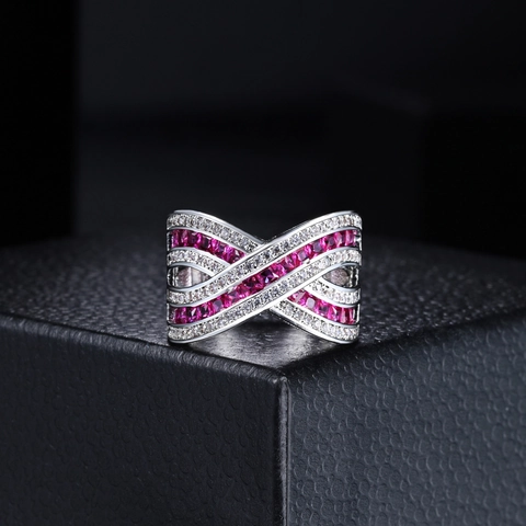 Fashion Women Criss Cross X Ring 18K White Gold Plated Copper Magenta Zirconia Inlaid Wide Band Prom Wedding Statement Ring
