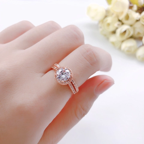 Elegante Klassieke Ronde Halo Verlovingsring Set Voor Vrouwen Koper Zirkonia Roségoud Witgoud Bruiloft Sieraden Sets