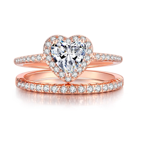 Luxury Heart Shaped Cubic Zirconia Ring Set For Women Rose Gold Silver Plated Copper Heart Ring And Pave Band Jewelry