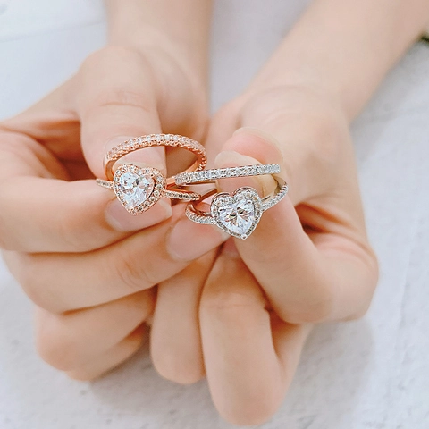 Luxury Heart Shaped Cubic Zirconia Ring Set For Women Rose Gold Silver Plated Copper Heart Ring And Pave Band Jewelry