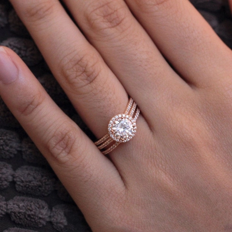 Elegante Klassieke Ronde Halo Verlovingsring Set Voor Vrouwen Koper Zirkonia Roségoud Witgoud Bruiloft Sieraden Sets