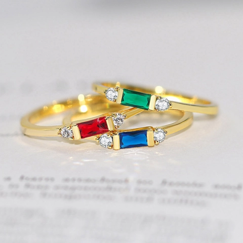 Simple Geometric Rectangular Zirconia Ring Copper 14K Gold Plated Emerald Ruby Sapphire Engagement Finger Ring For Women Jewelry