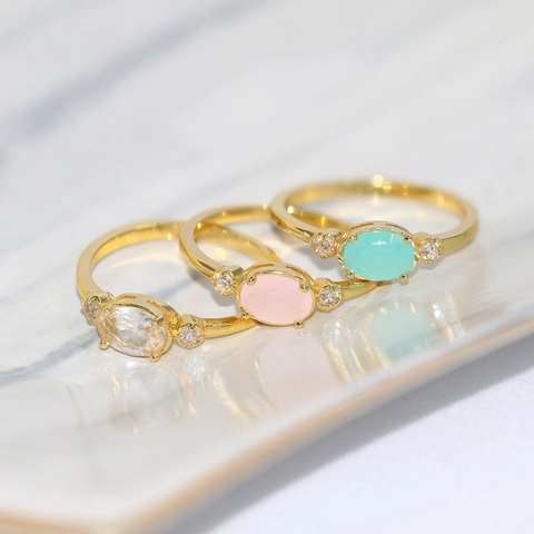 Elegant 14K Gold Plated Copper Ring For Women Oval Zirconia Three Stone Engagement Wedding Party Jewelry Finger Ring