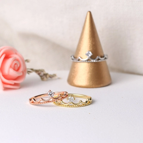 Elegant Copper Crown Ring With Zirconia For Women Princess Style Wave Design Wedding Party Daily Decorative Jewelry Gift
