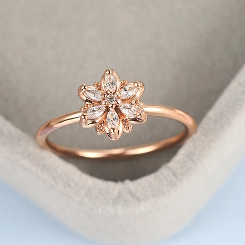 Elegant Copper Zirconia Flower Ring For Women Real Gold Plated Marquise Cut Stone Sparkling Floral Jewelry Fashion Finger Ring