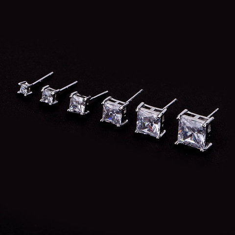Square Zirconia Stud Earrings For Women Men S925 Sterling Silver Earring Post Copper Four Claw Geometric Piercing Jewelry