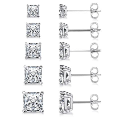 Square Zirconia Stud Earrings For Women Men S925 Sterling Silver Earring Post Copper Four Claw Geometric Piercing Jewelry