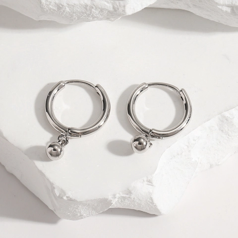 Boucles d'Oreilles Créoles Pendentif Boule en Cuivre avec Tige en Argent Sterling S925 Minimalistes Polies pour Femme Bijoux