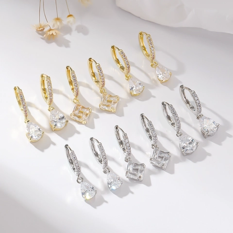 Copper Hoop Earrings With Large Water Drop Geometric Square Rhinestone Pendant For Women Fashion Exquisite Jewelry Gift