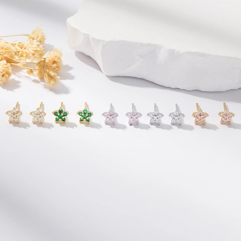 Small Copper Flower Rhinestone Stud Earrings With 925 Sterling Silver Earring Post For Women Shiny Star Floral Jewelry