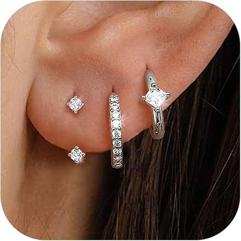 Zirconia Copper Hoop Stud Earrings For Women With 925 Sterling Silver Post Gold Silver Plated Geometric Minimalist Jewelry