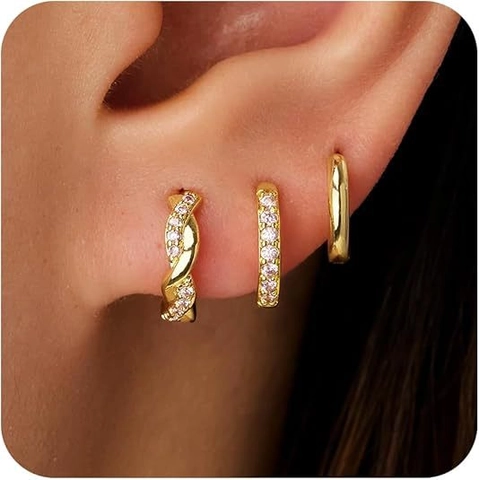 Copper Zirconia Hoop Earrings With 925 Sterling Silver Post Twist Row Drill Minimalist Huggie Hoop Earrings For Women