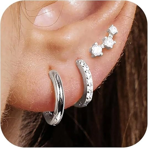 925 Sterling Silver Earring Set For Women Rhinestone Huggie Hoop Earrings And Three-Stone Stud Earrings Stacking Jewelry