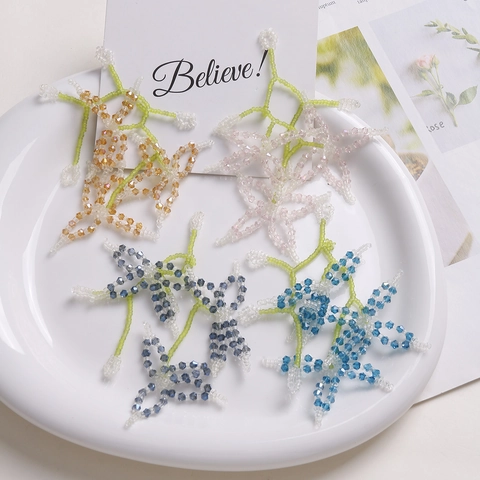 Handmade Mori Style Cool Toned Woven Beaded Flower Branch For DIY Jewelry Hair Accessories Crystal Glass Beads Floral Finding
