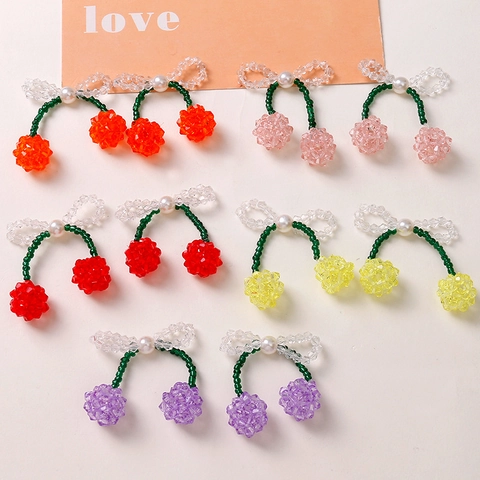 Colgante de Cereza Tejido a Mano Cuentas de Vidrio Perla Artificial Lazo Accesorios de Joyería DIY para Pendientes Pinzas de Pelo Mujer Estilo Dulce