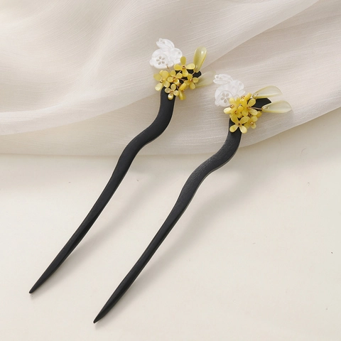 Vintage Chinese Stijl Houten Haarstok Met Hars Konijn Bloem Decor Handgemaakte Hanfu Haarvork Voor Dames Haaraccessoires