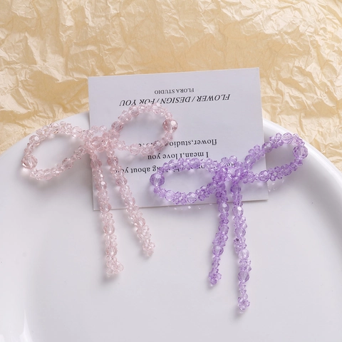 Handmade Beaded Glass Crystal Bow Charm With Tassels For DIY Hairclip Earrings Jewelry Making Sweet Cute Pink Purple
