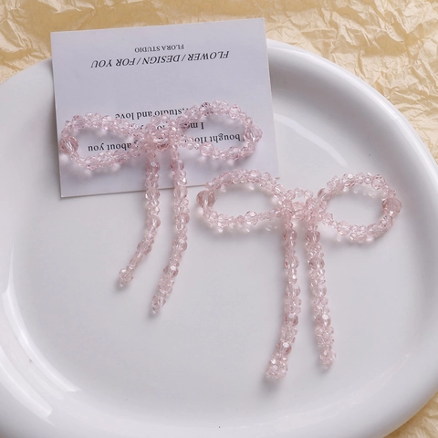 Handmade Beaded Glass Crystal Bow Charm With Tassels For DIY Hairclip Earrings Jewelry Making Sweet Cute Pink Purple