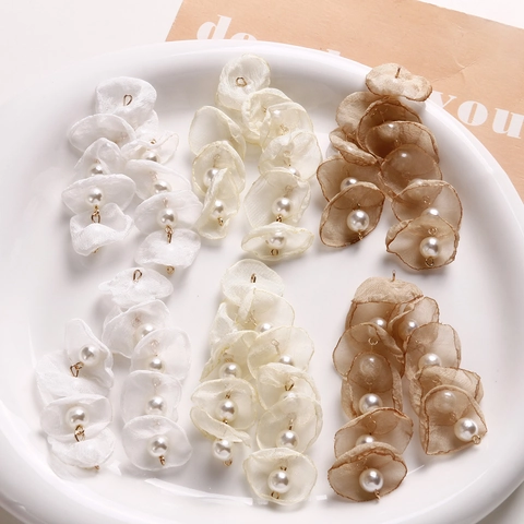 Handmade Mesh Petal Flower Pendant With Imitation Artificial Pearl DIY Earring Hair Accessory Jewelry Making Supplies Long Tassel Decor
