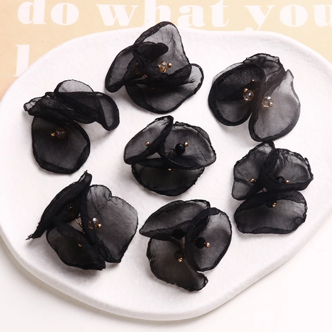 Handmade Mesh Fabric Three-Petal Flower Accessories With Artificial Crystal Beads DIY Craft Material For Earring Hairpin Making