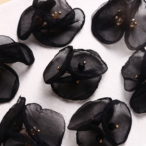 Handmade Mesh Fabric Three-Petal Flower Accessories With Artificial Crystal Beads DIY Craft Material For Earring Hairpin Making